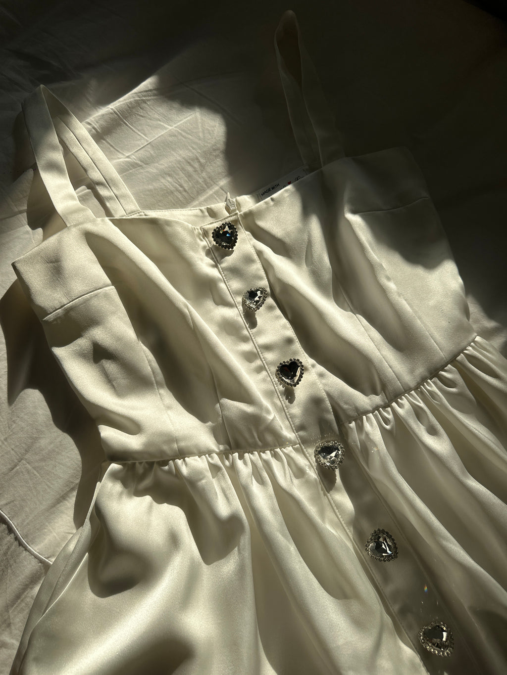 HVN White Crystal Heart Satin Mini Dress