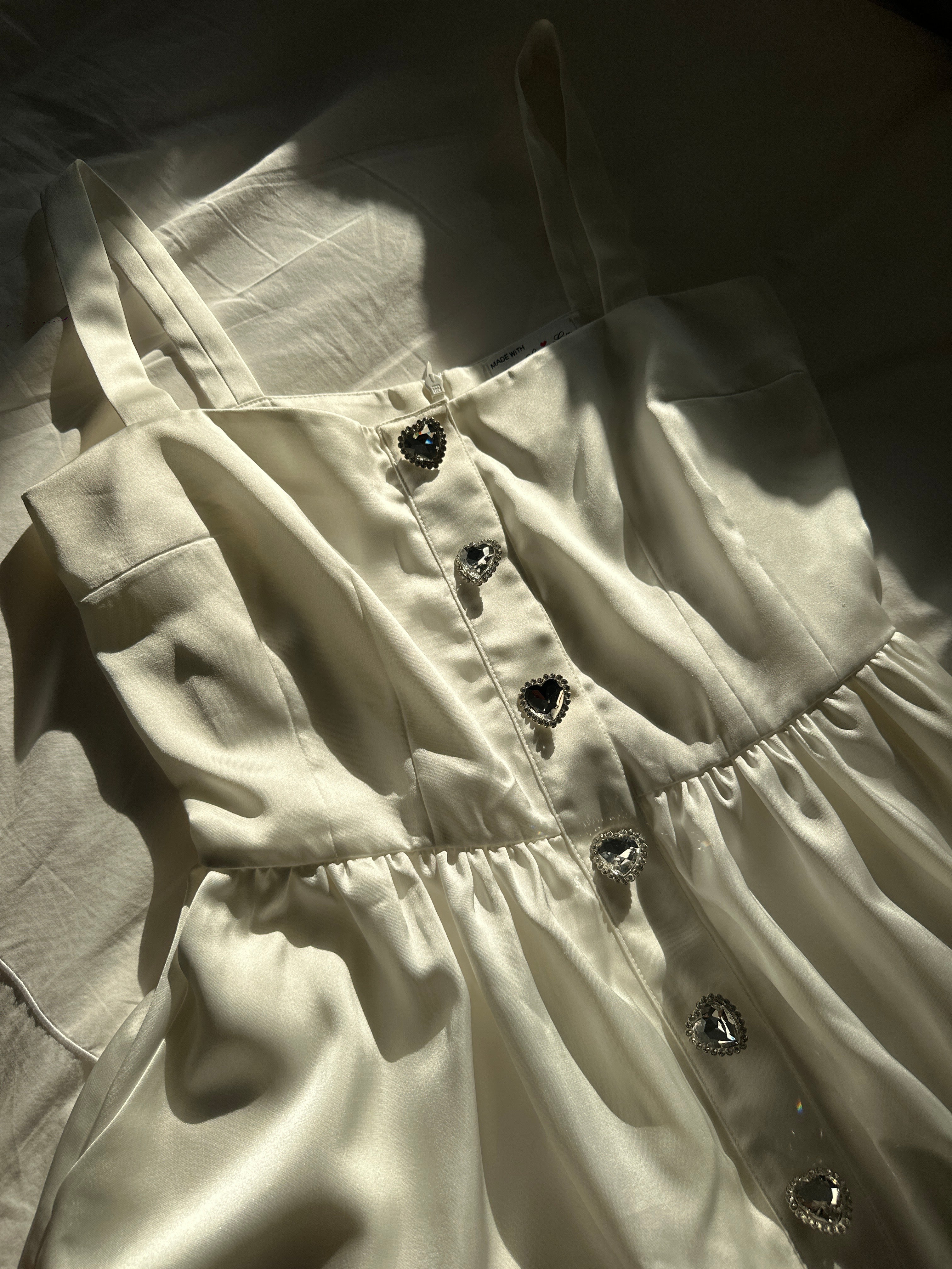 HVN White Crystal Heart Satin Mini Dress
