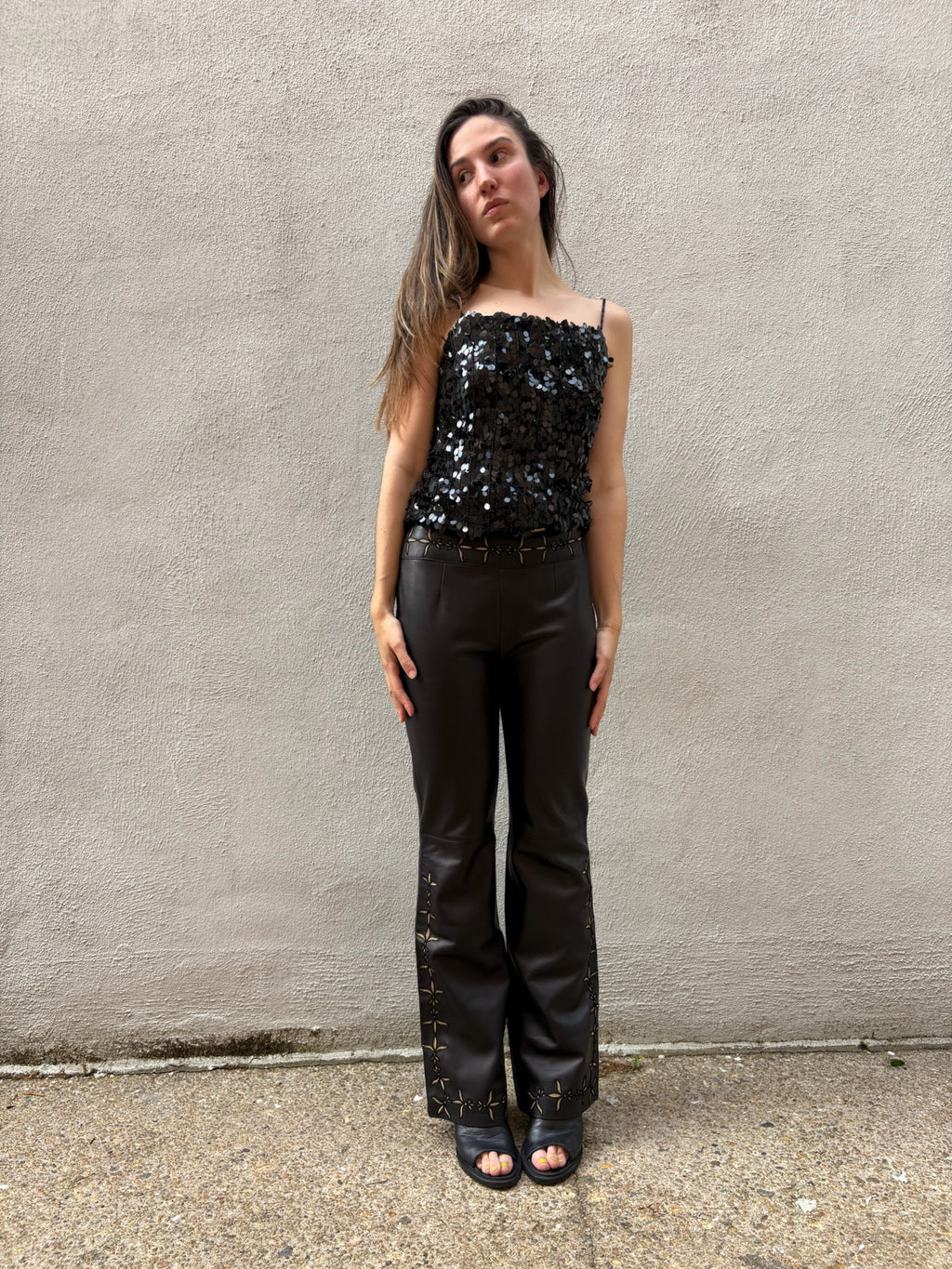 Escada Gold Embroidered Leather Pants