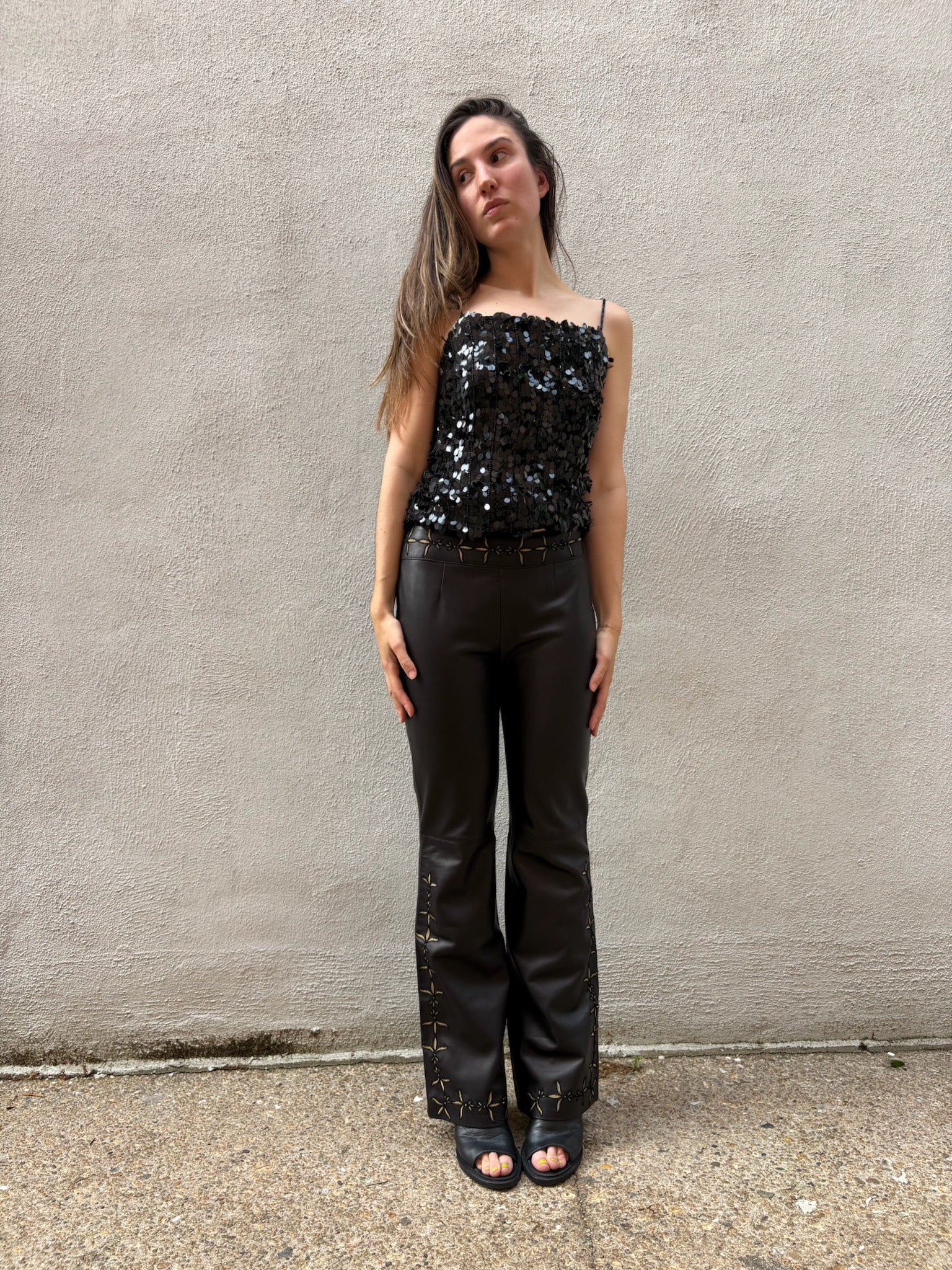 Escada Gold Embroidered Leather Pants