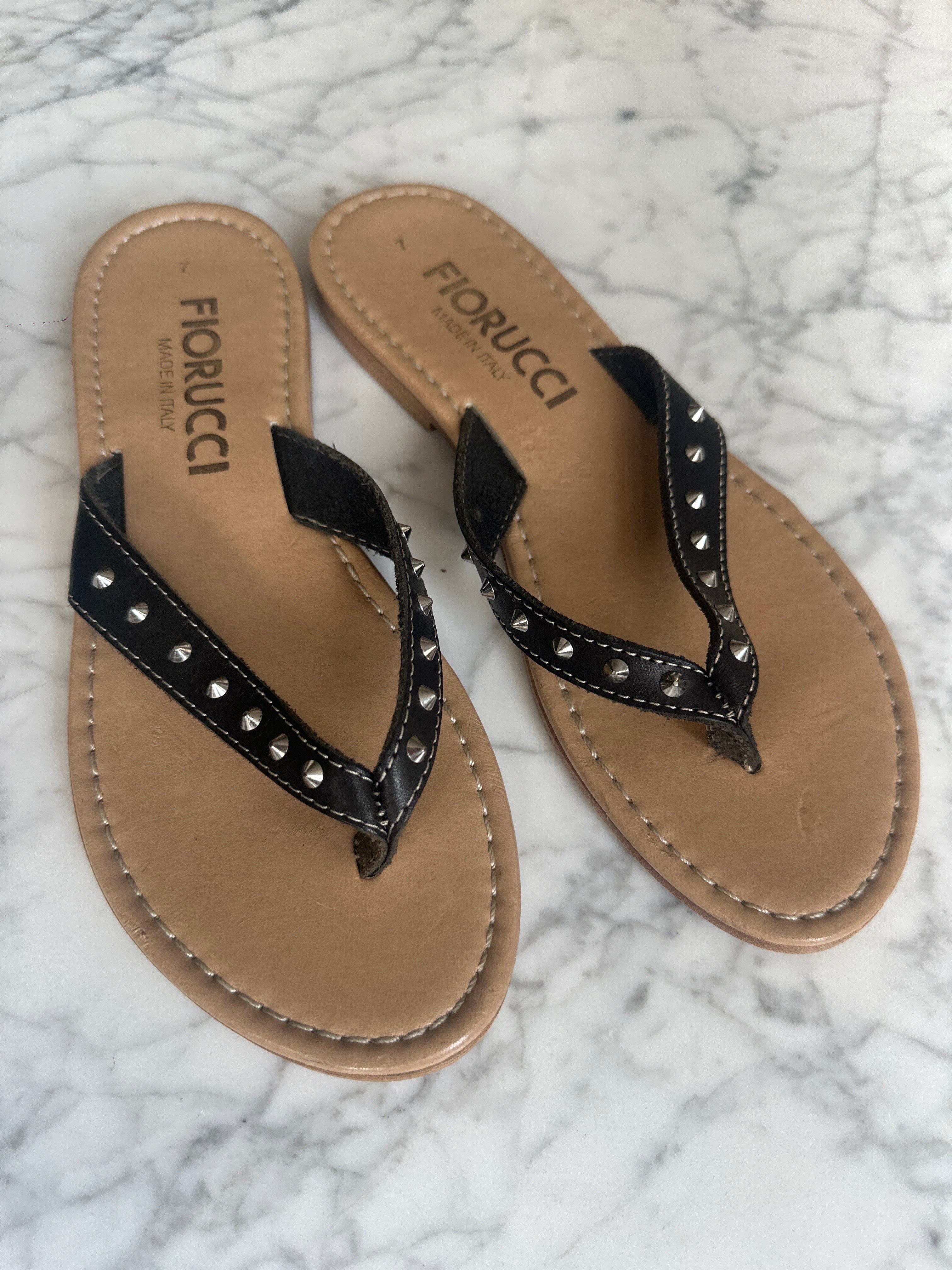 Fiorucci Studded Black Leather Flip Flops