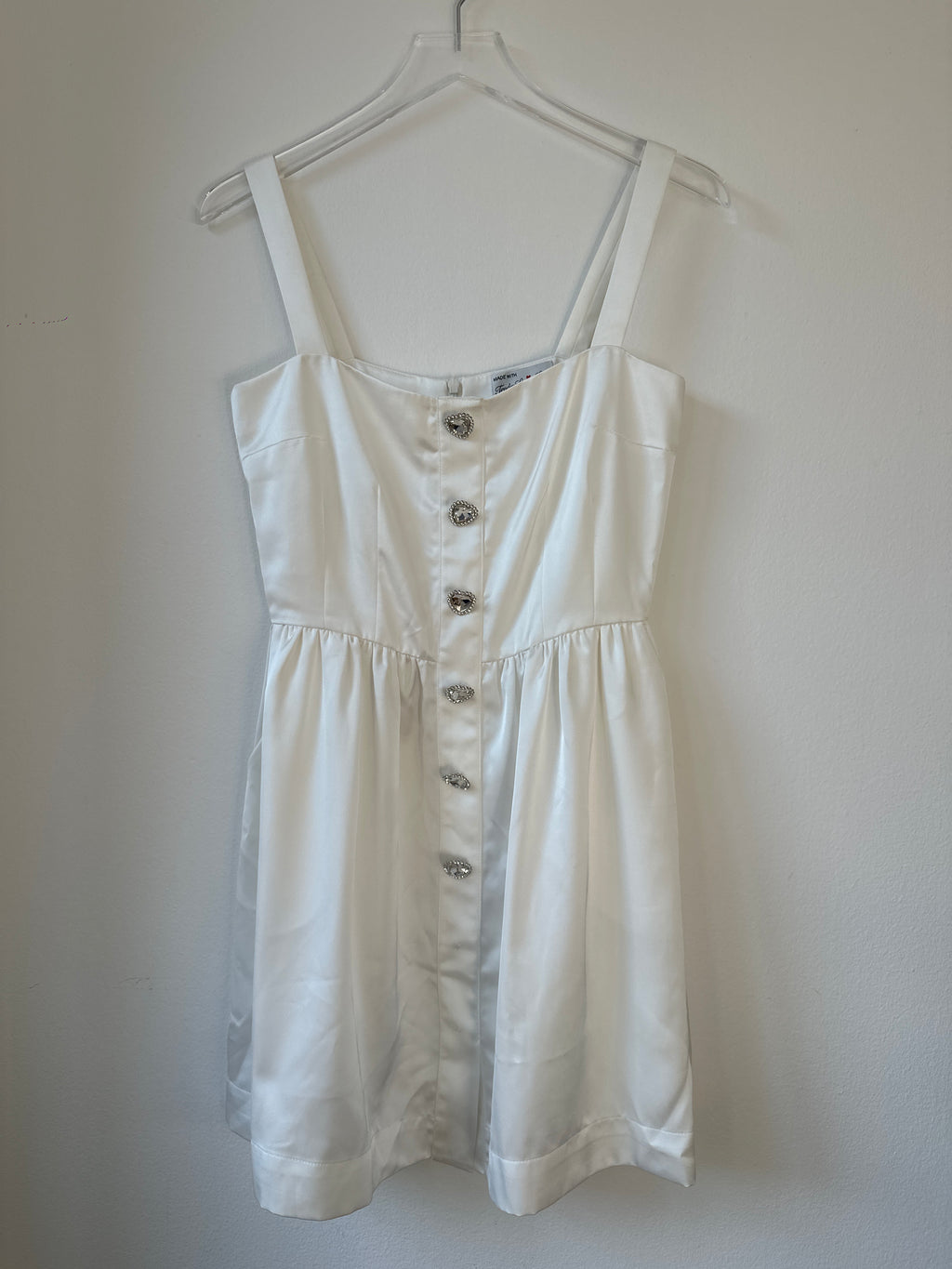 HVN White Crystal Heart Satin Mini Dress