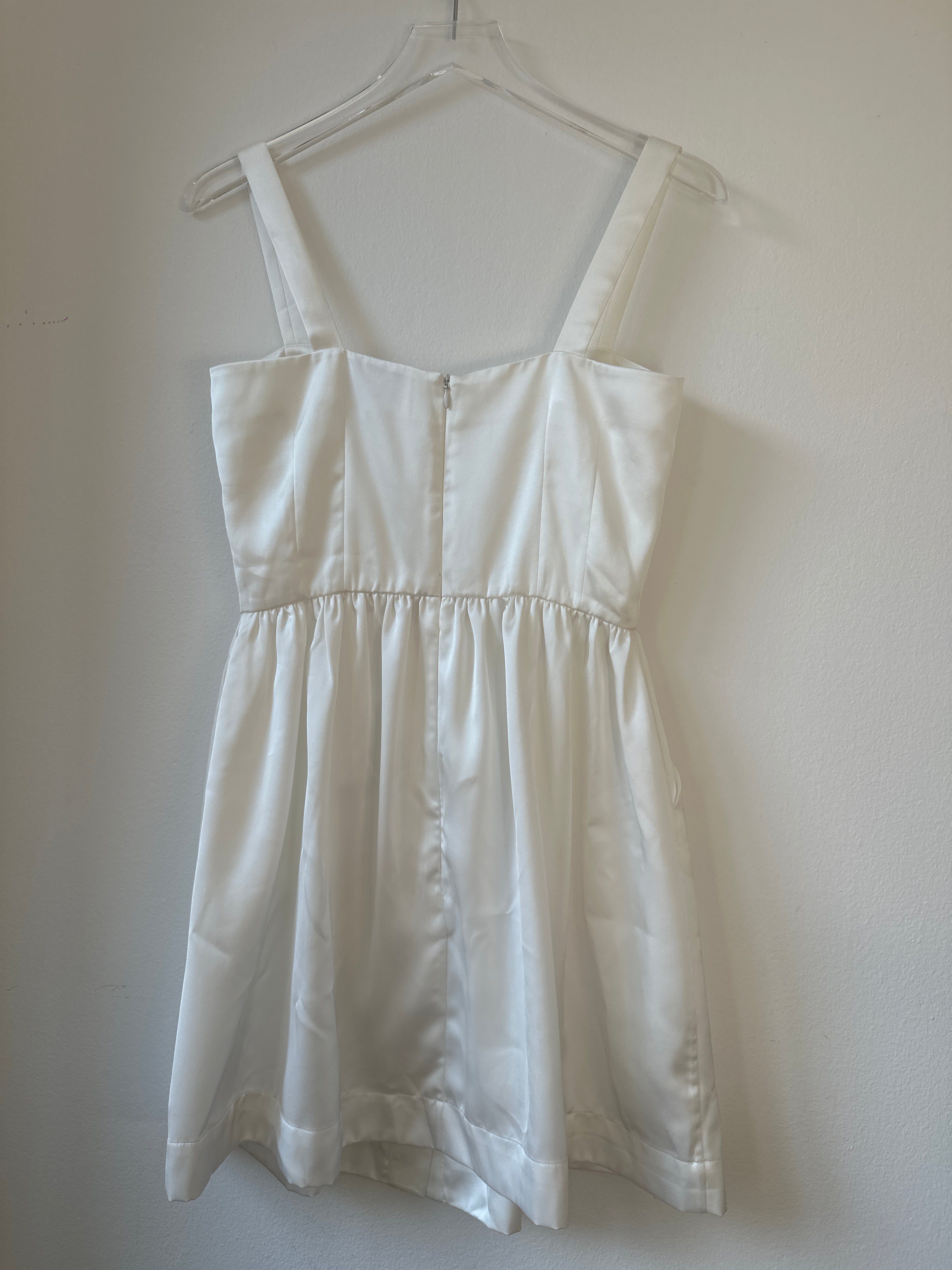 HVN White Crystal Heart Satin Mini Dress