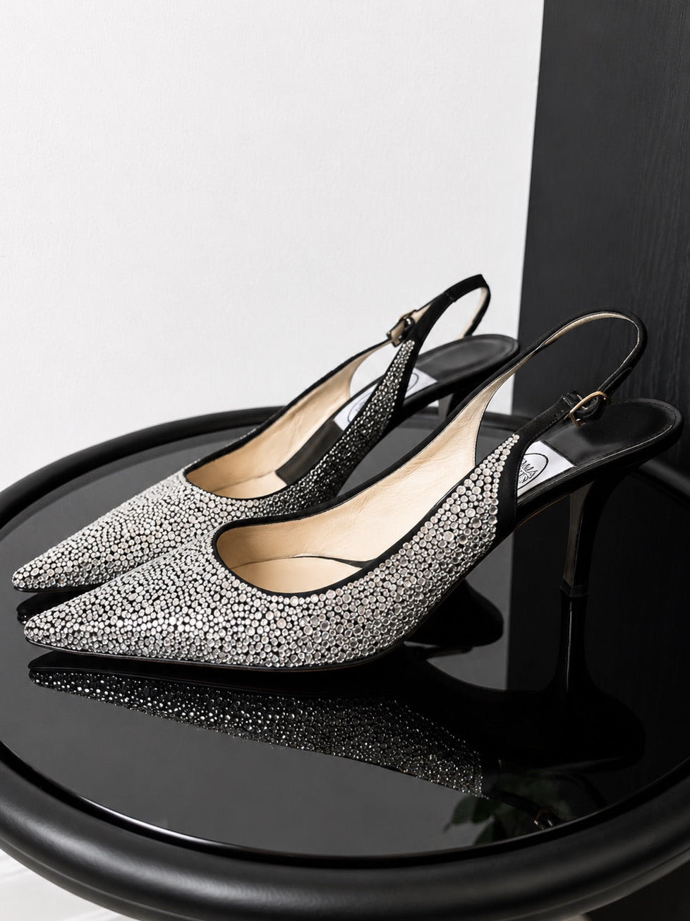 Emma Hope Black Satin Strass Crystal Sling Back Shoes