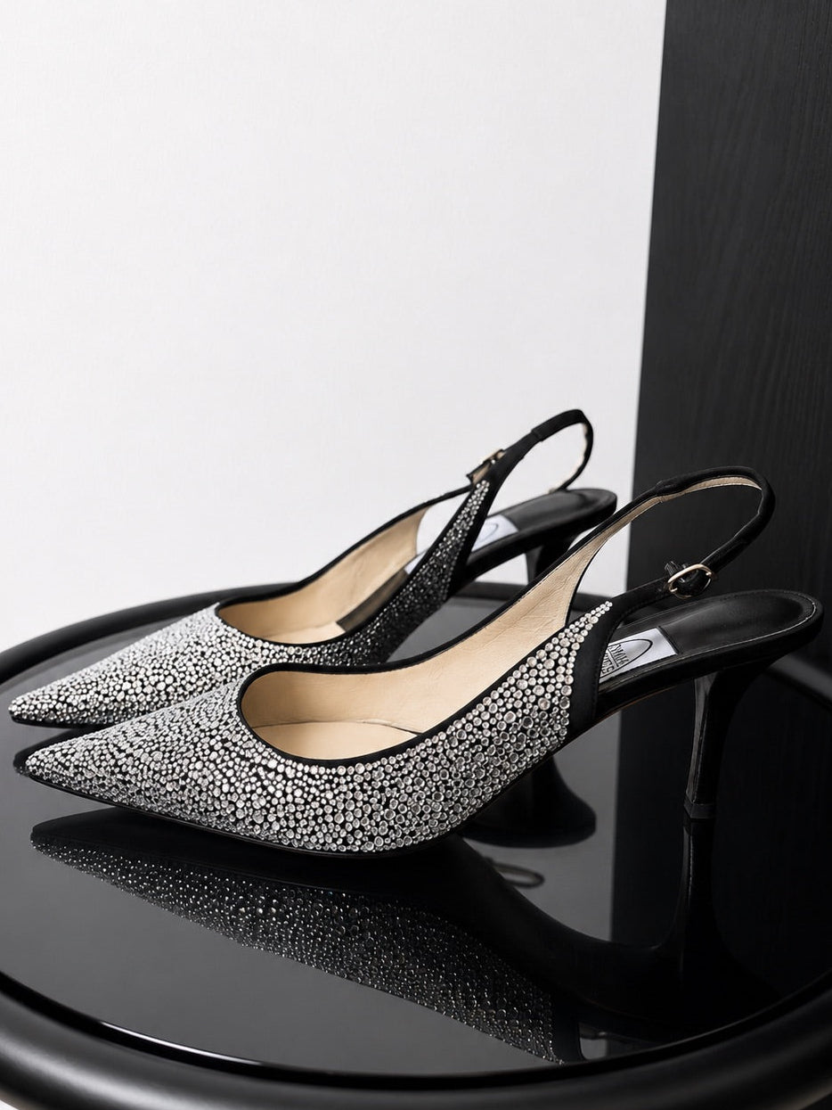 Emma Hope Black Satin Strass Crystal Sling Back Shoes