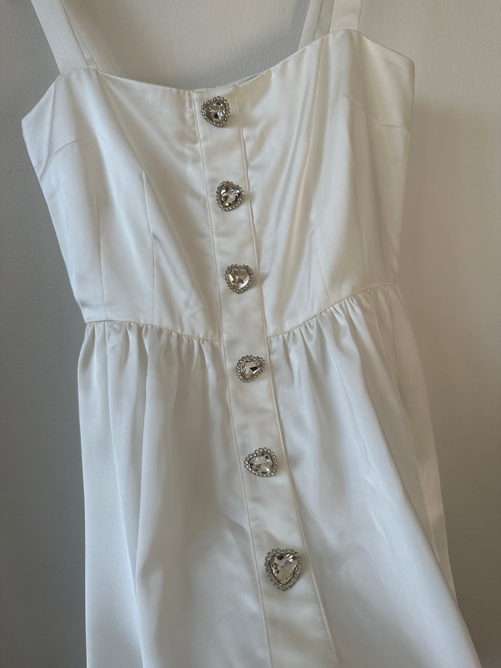 HVN White Crystal Heart Satin Mini Dress