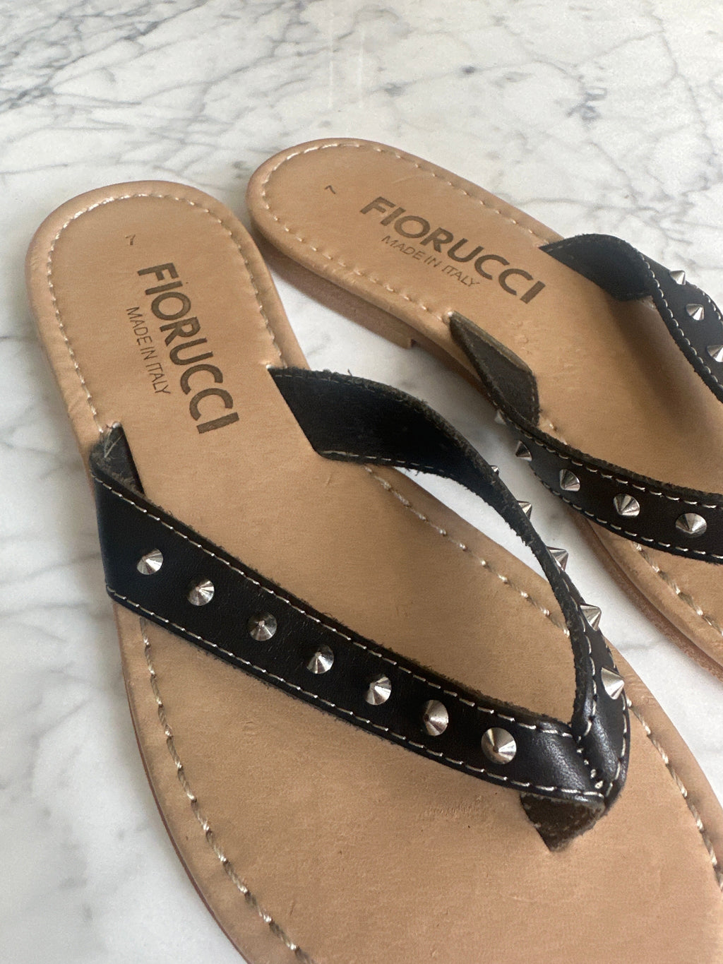 Fiorucci Studded Black Leather Flip Flops
