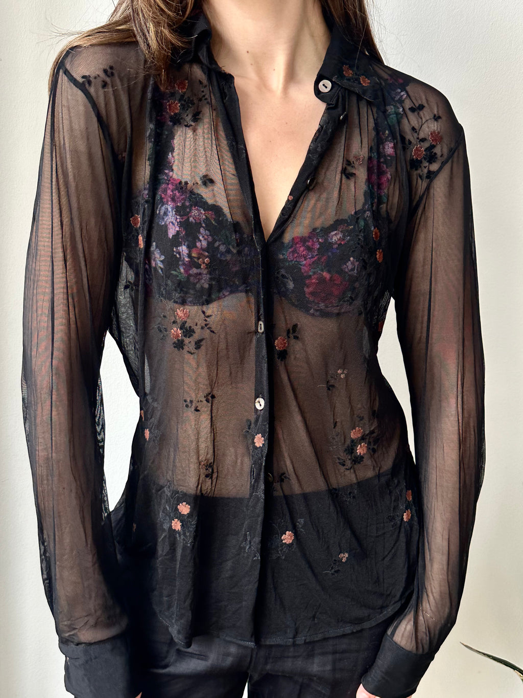 Sportmax Sheer Embroidered Floral Button Down Top