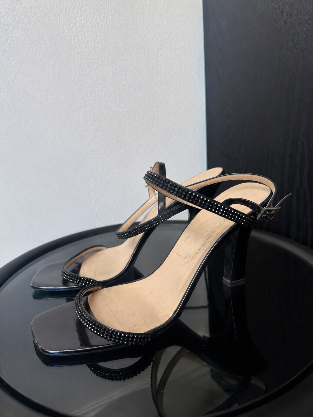 Escada Square Toe Black Crystal Heels