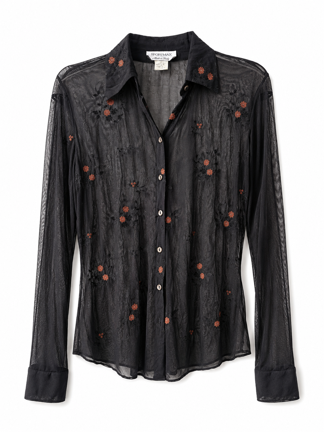 Sportmax 1990s Sheer Embroidered Black and Floral Button Down Top