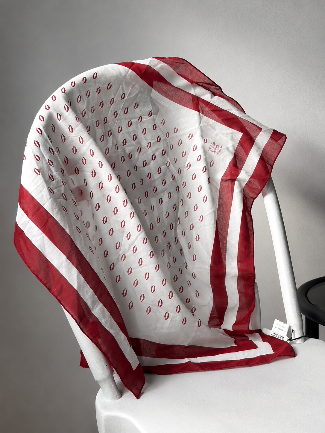 BALLY White & Burgundy Lips Print Cotton Scarf